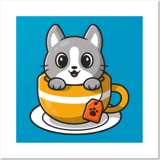 Cute Cat In Tea Cup Cartoon Posters and Art